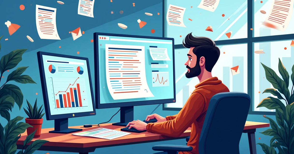 Illustration of a developer overwhelmed by digital information. 