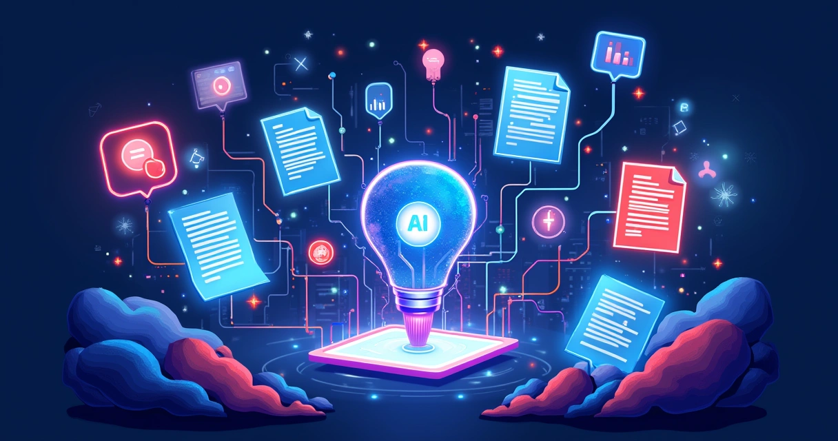 Creative illustration of future RAG systems with documents and AI. 