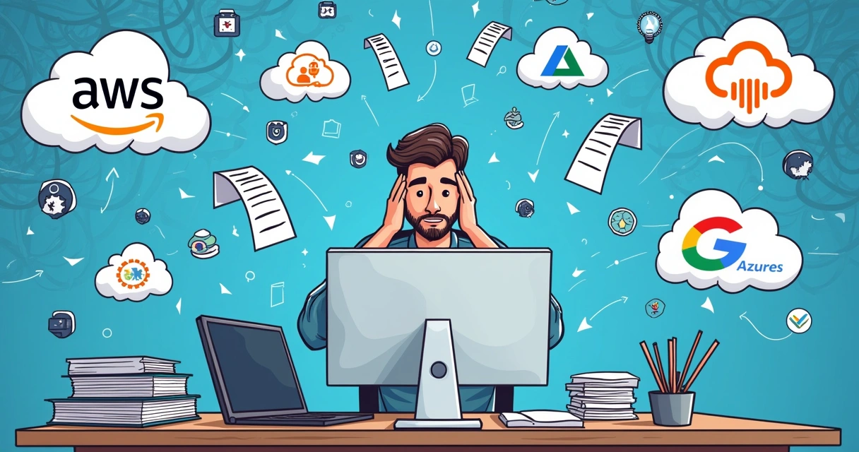 Confused developer surrounded by cloud provider logos 