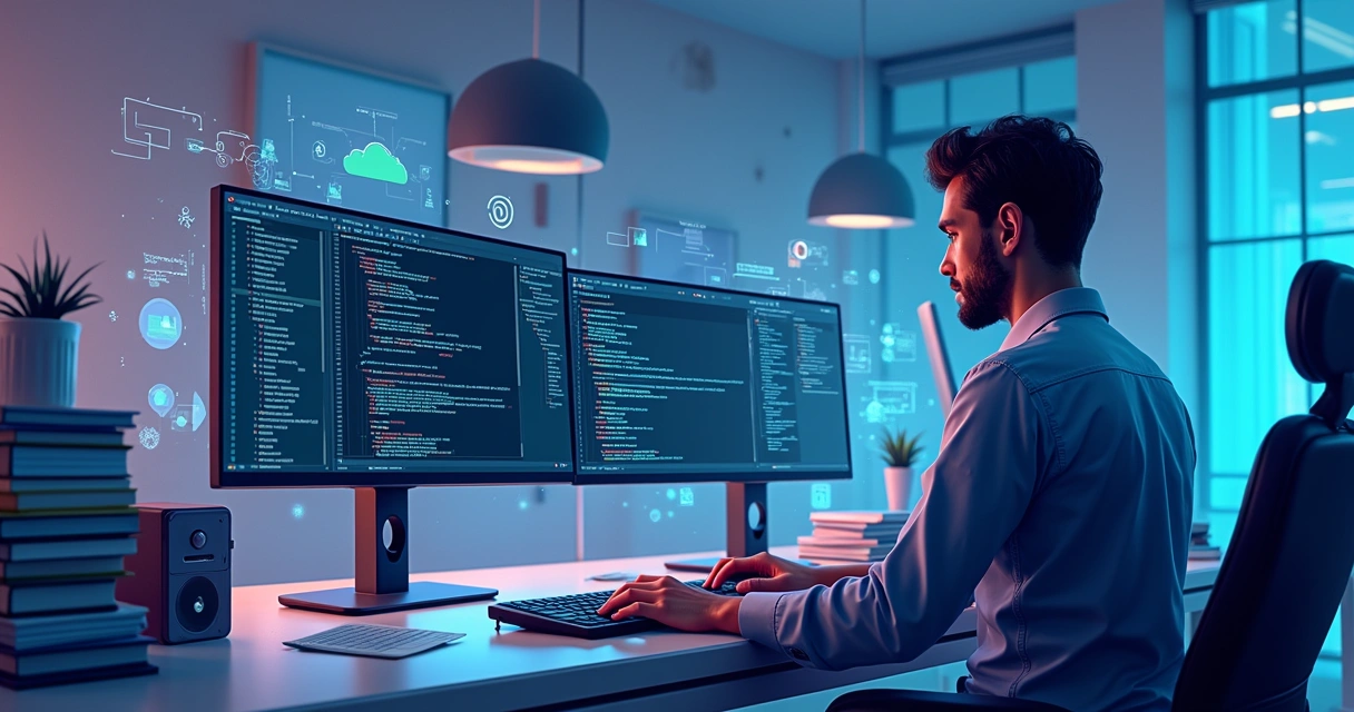 Software developer working on AI-driven dynamic PDF generation in Spring Boot with coding interface and PDF preview
