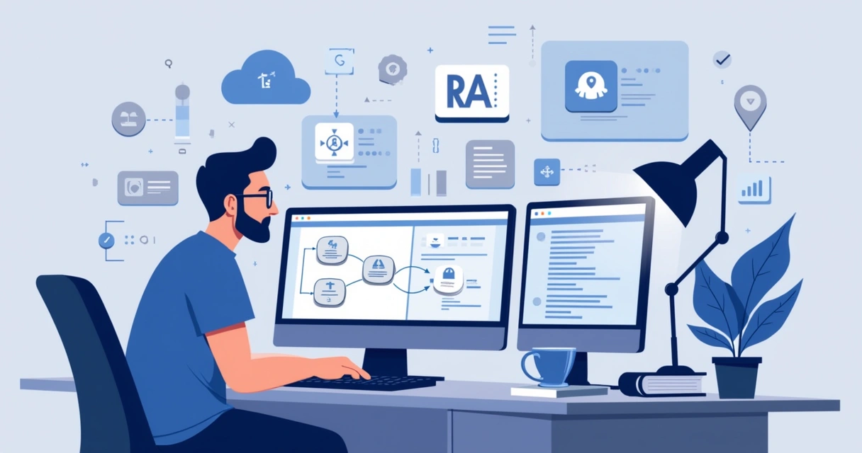 Backend developer working on a computer with visualized RAG architecture diagrams on screen