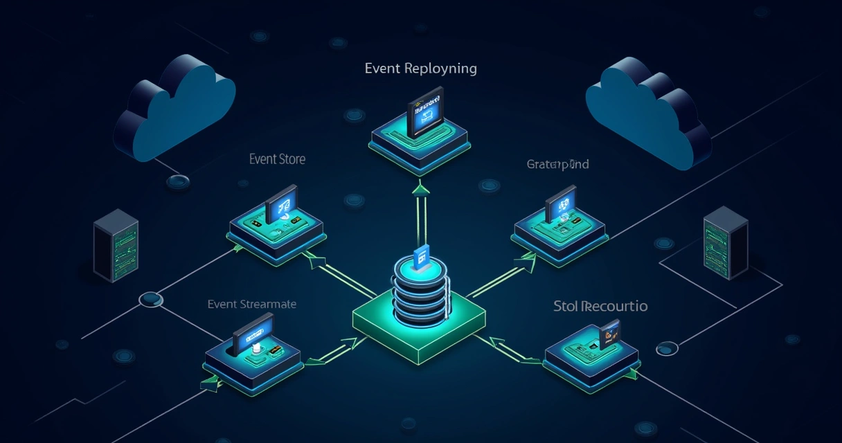 Diagram of event sourcing flow in microservices architecture with events, event store, and services