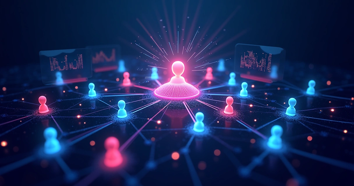 Digital illustration showing a futuristic network of data points and user profiles connected to a central AI system generating personalized recommendations