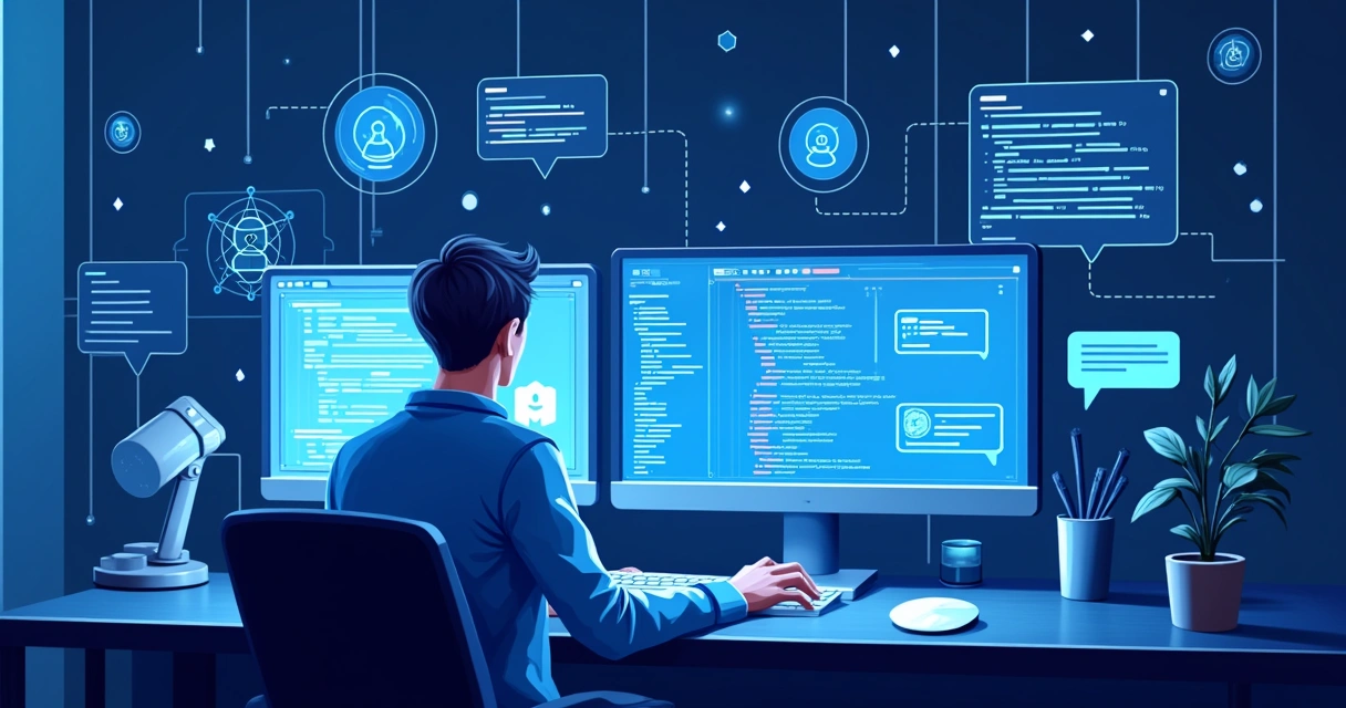 Developer coding Spring Boot AI integration with Java and REST APIs on multiple screens